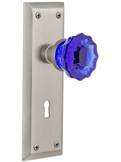 New York Mortise Lock Set with Colored Fluted Crystal Glass Knobs Cobalt Blue in Satin Nickel.